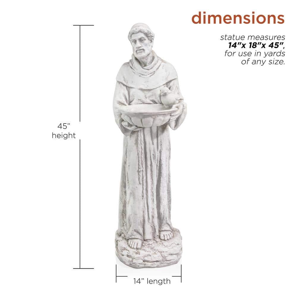 45 in. Tall Outdoor Saint Francis Birdbath Statue Yard Art Decoration, Light Gray