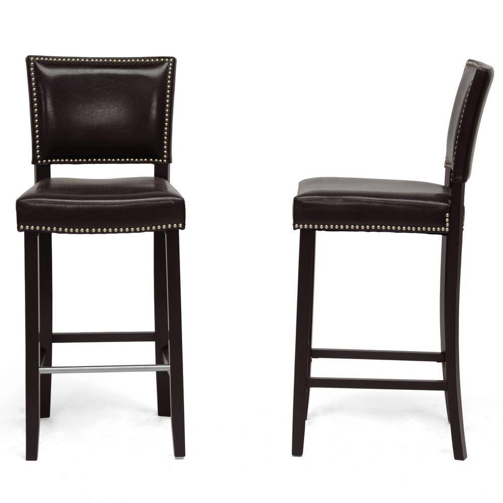 Set of 2 Aries Barstools with Nail Head Trim Dark Modern - Baxton Studio: Upholstered Vinyl, Wood Frame, Fixed Height