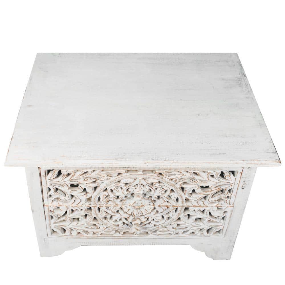 The Urban Port 24" Handcrafted Mango Wood Nightstand Side Table 2 Drawers Floral Carved Cut Out Design Antique White