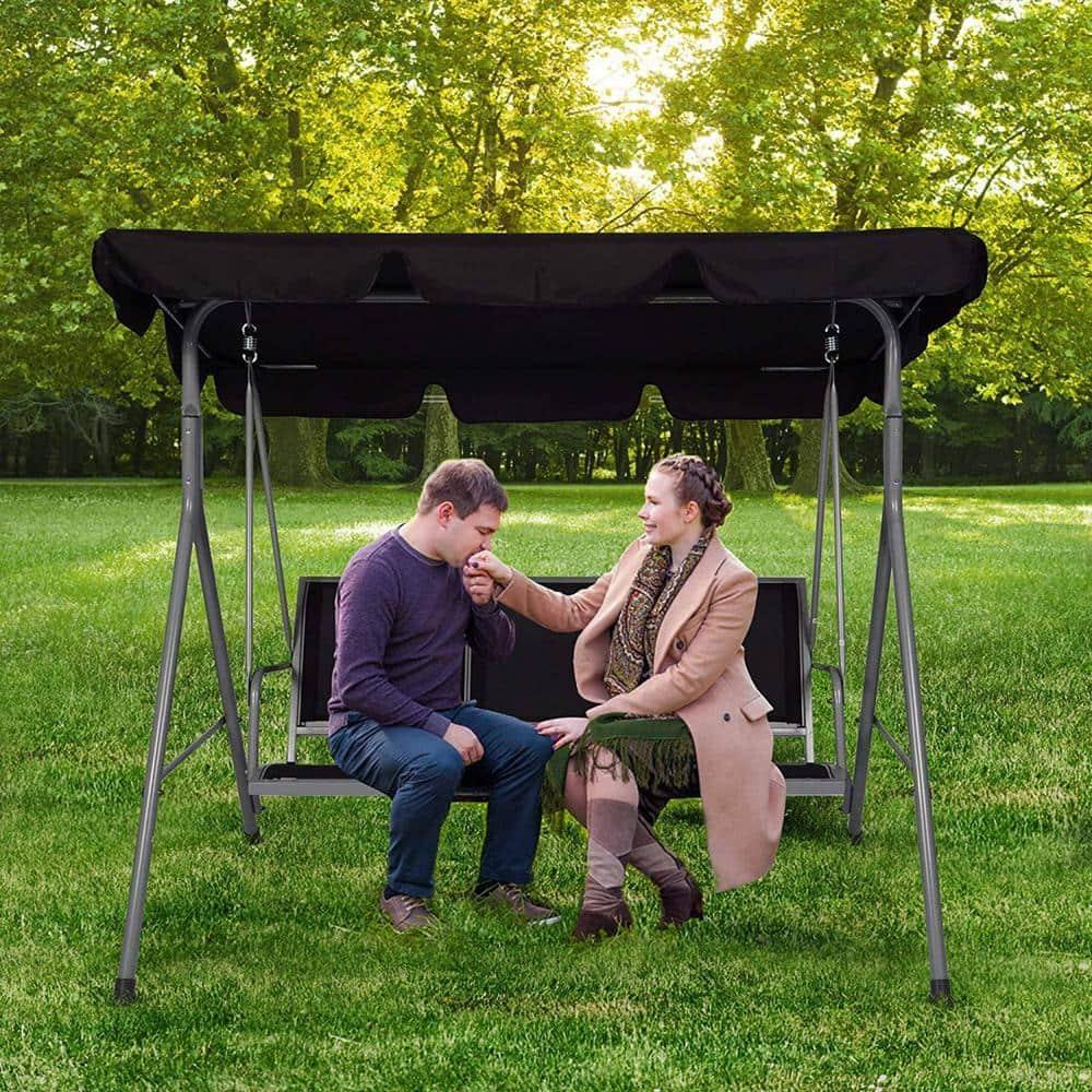 Gray Iron 3-Person Patio Swing with Adjustable Canopy
