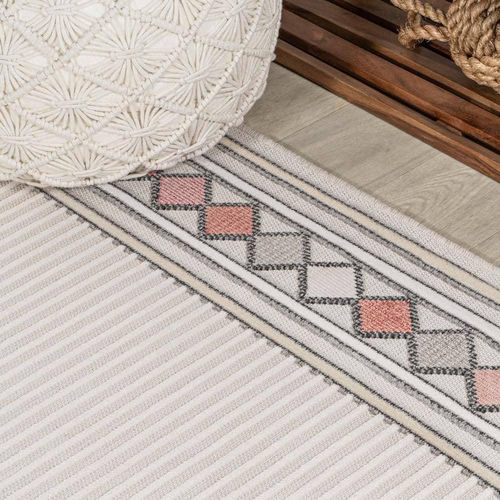 JONATHAN Y Sebastian High-Low Modern Diamond Border Ivory/Beige 3 ft. x 5 ft. Indoor/Outdoor Area Rug