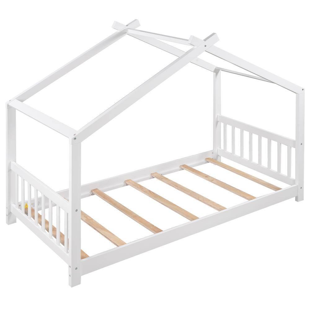 Harper & Bright Designs Twin House Bed for Kids, Floor Frame With Headboard and Footboard, Wooden Montessori Bed for Girls, Boys, White