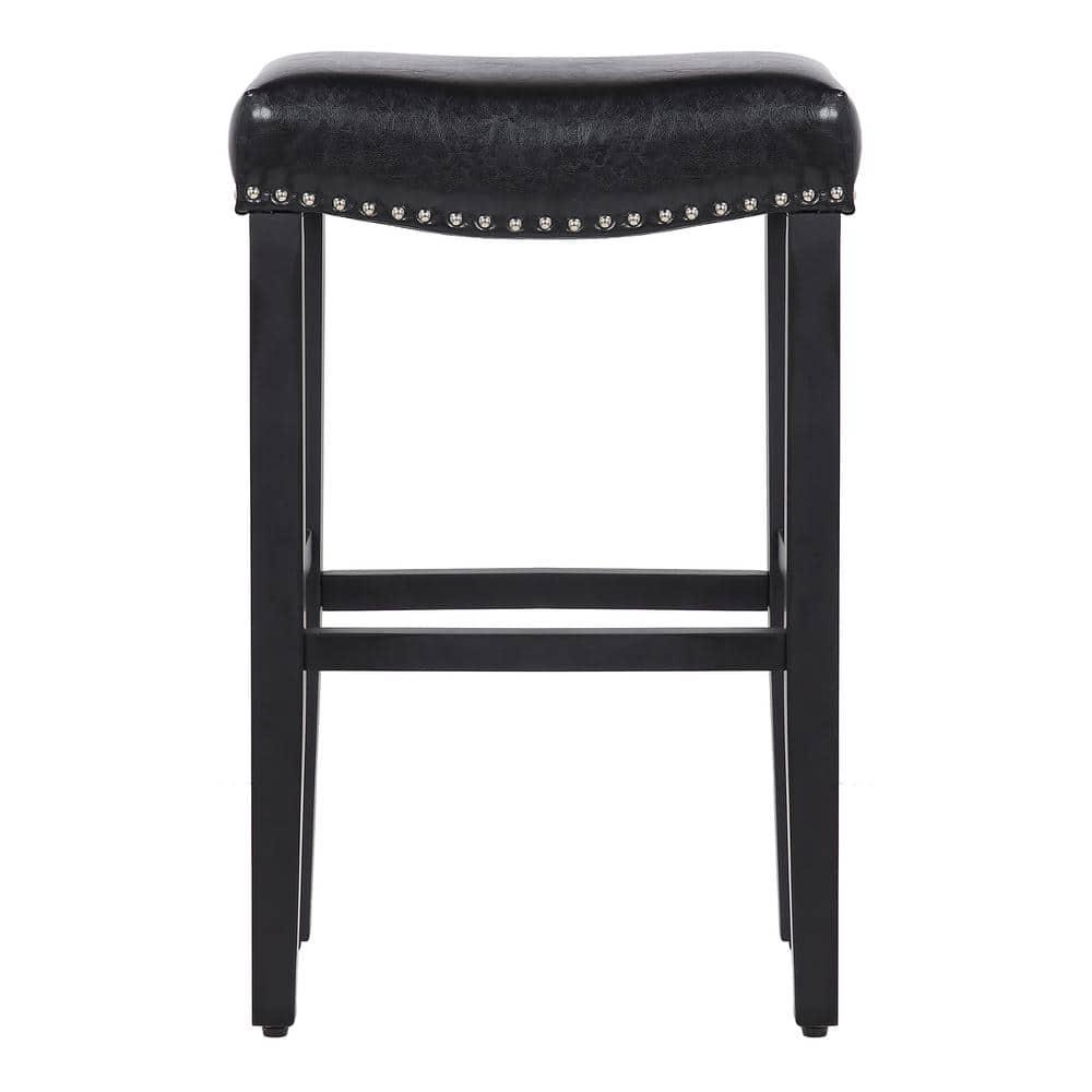 Westin Outdoor Yazan 29" Upholstered Counter Stool with Nail Head Trim (Set of 2), Black/Leather