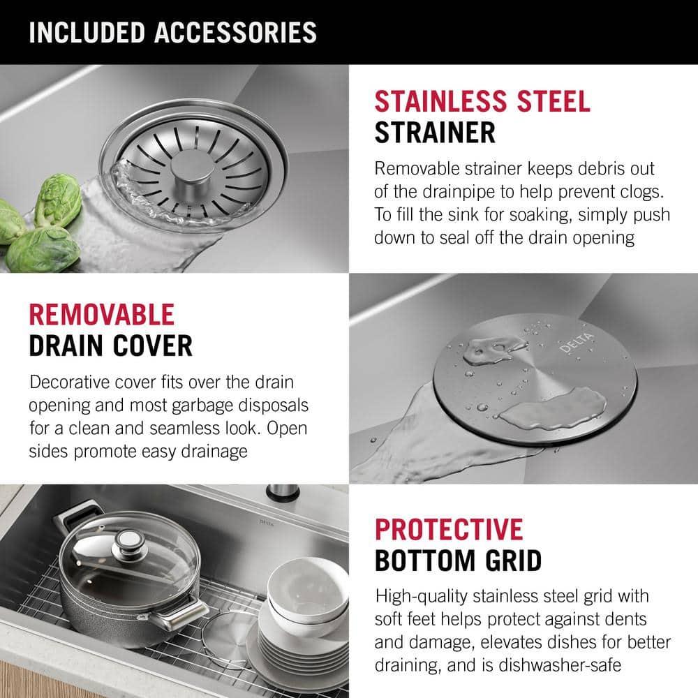 Delta Rivet™ 33" L Workstation Kitchen Sink Drop-In Top Mount 16 Gauge Stainless Steel 50/50 Double Bowl
