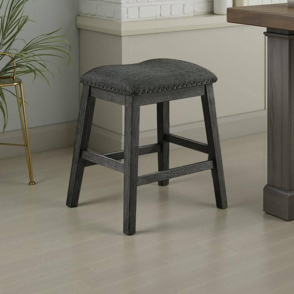 Fabric Saddle Counter Stool with Nailhead Trim, Grey - Set of 2