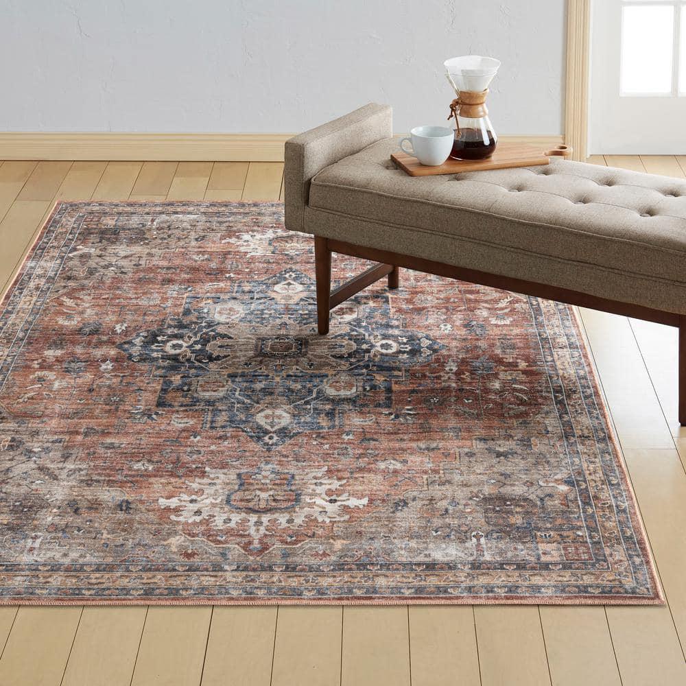 Everwash Callaghan Esther Bohemian Medallion Machine Washable Area Rug, Rust/Navy Blue, 5'2"x7'2"
