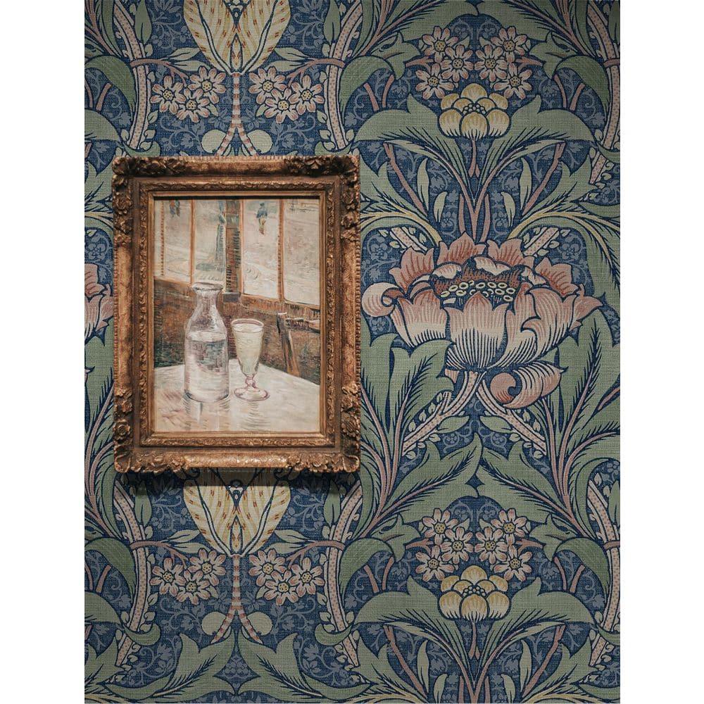 Seabrook Designs  Acanthus Floral Prepasted Wallpaper 20.5 in. W x 33 ft. L - Denim Blue & Salmon