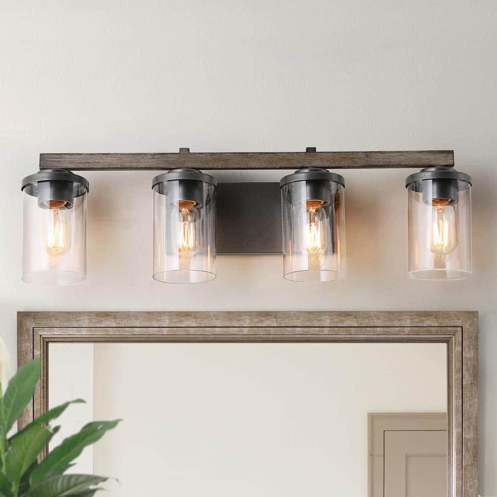 LNC Rustic Industrial Faux Wood 4-Light Black Finish Wall Fixture for Bathroom Glass Shades 4 Count