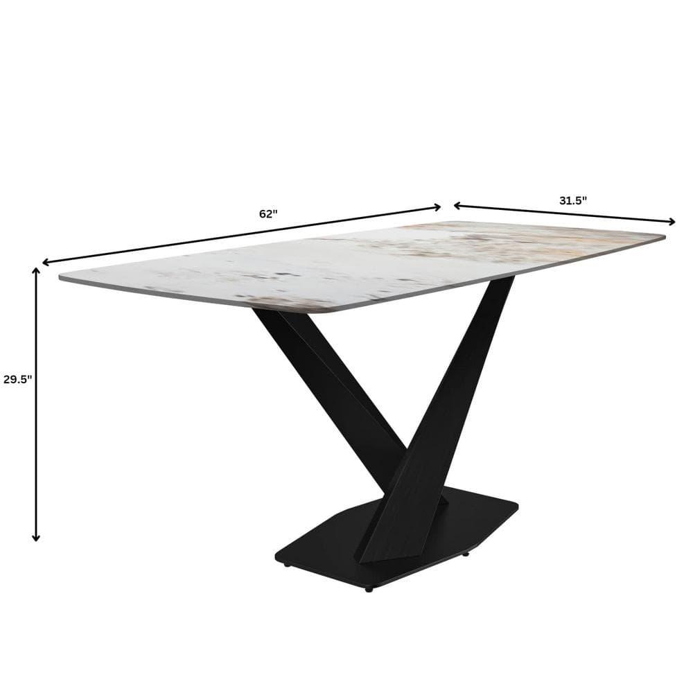 LeisureMod Voren Modern Dining Table with 62" Rectangular Sintered Stone or Glass Wide Tabletop and Black Steel Legs for Home, Kitchen, Dining or Conference Room in White Grey