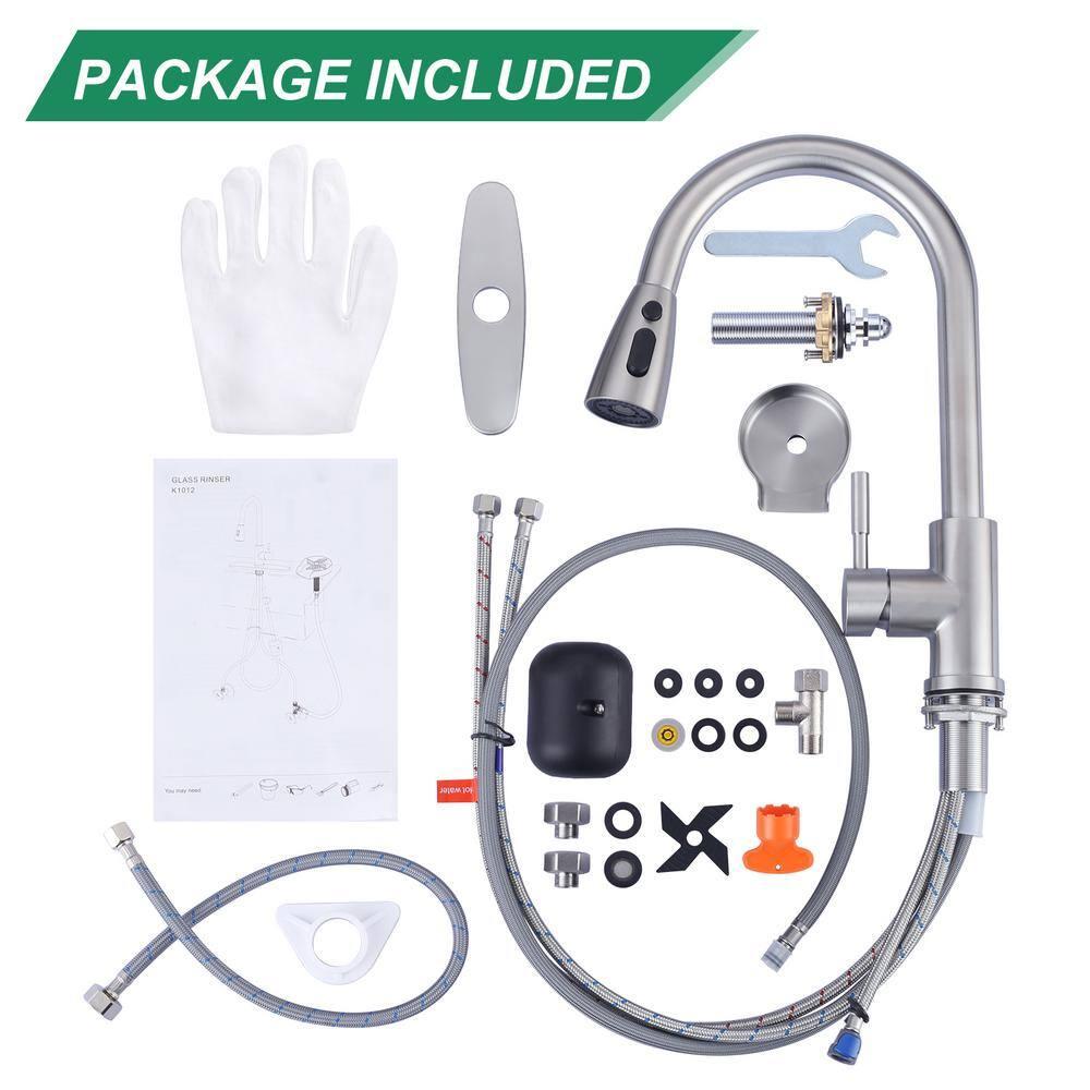 ARCORA Single Handle Stainless Steel Pull-Down Kitchen Faucet with Deckplate and Glass Rinser Combo