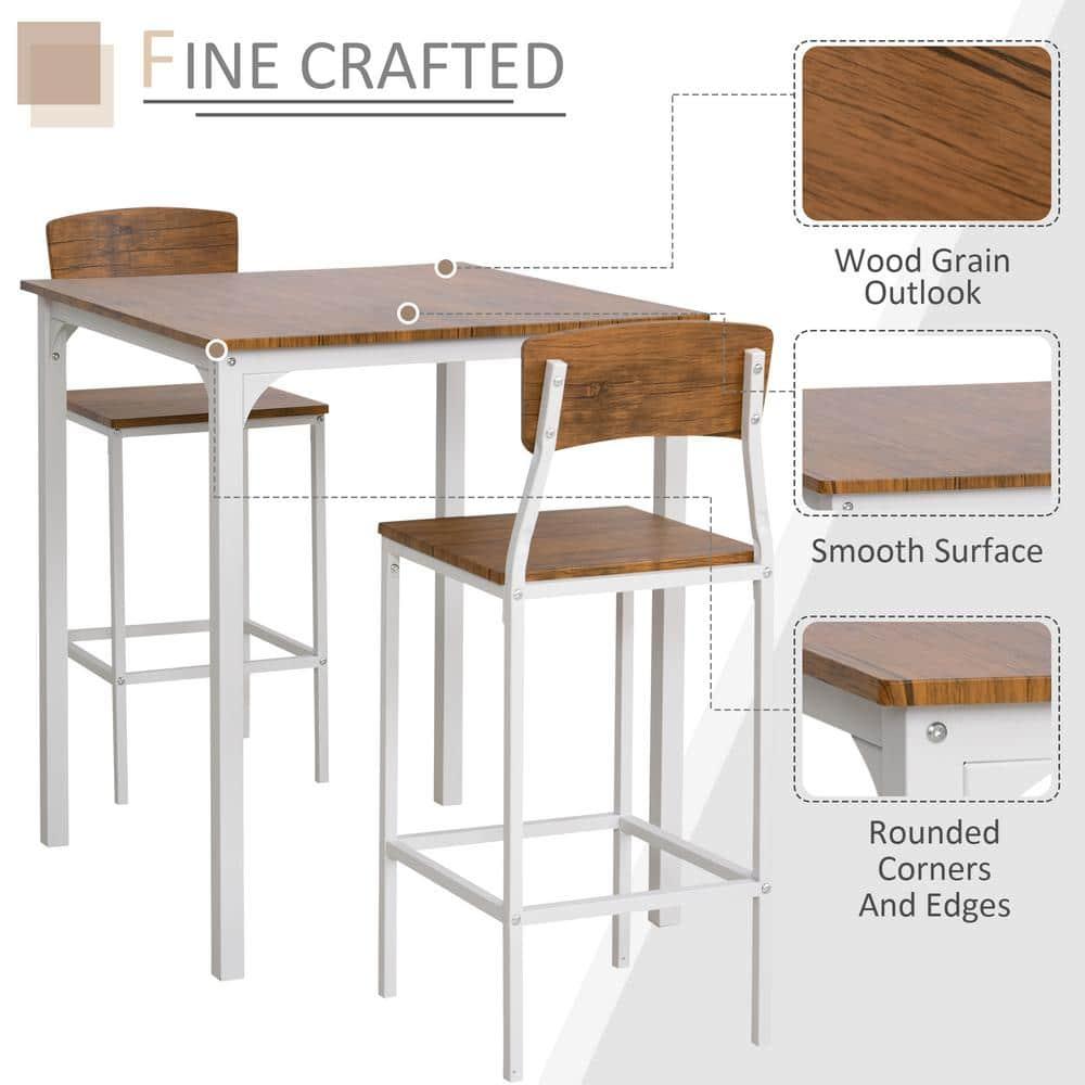HOMCOM 3 Piece Bar Table and Chairs Set, Industrial Small Dining Table Set for 2, Square Kitchen Table and Stools, Walnut and White