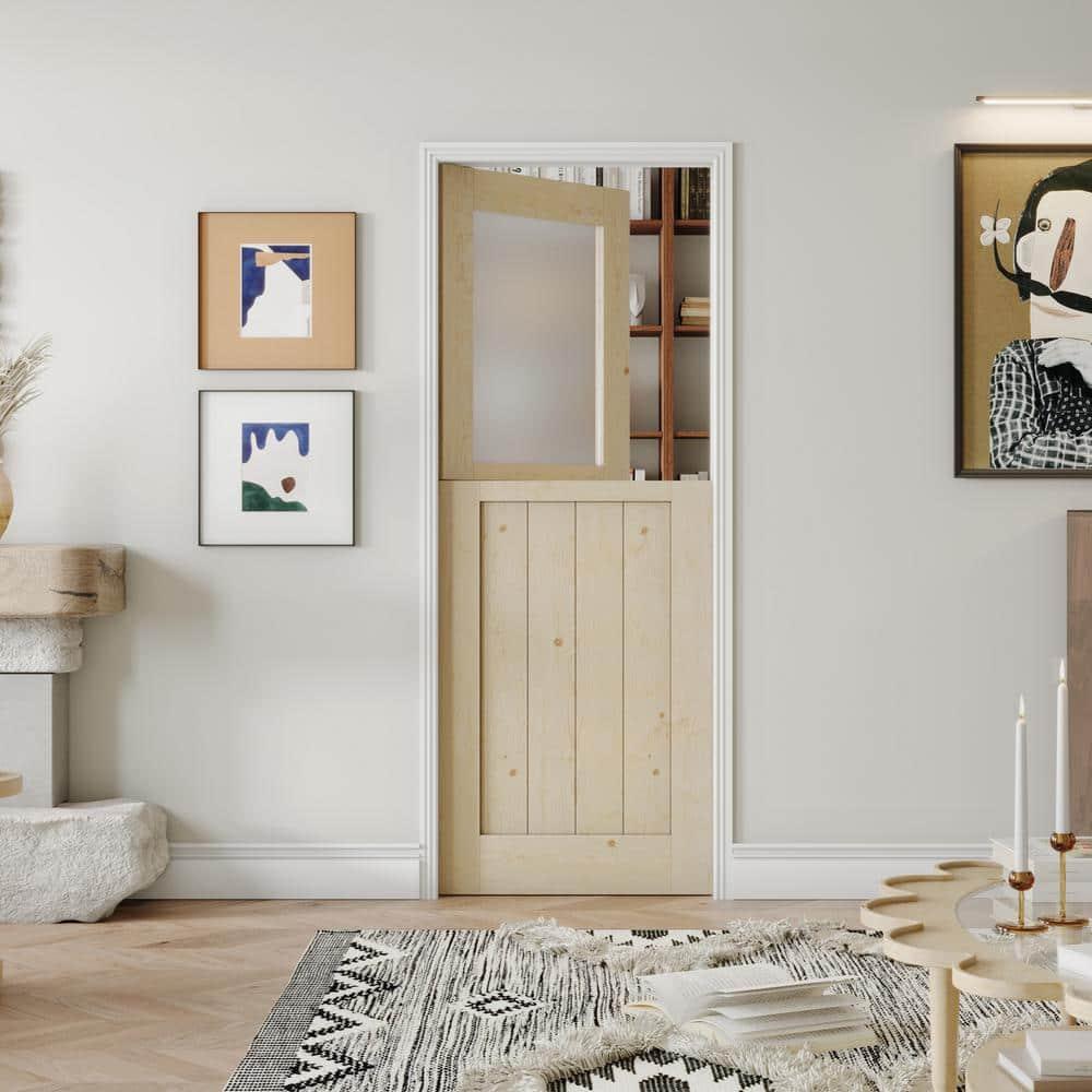 CHIC MODE Interior Dutch Door - Half Frosted Glass Split Single Door Slab, Modern Style Farmhouse Closet Door, Natural Pine Wood(Not Include Door Hinges)