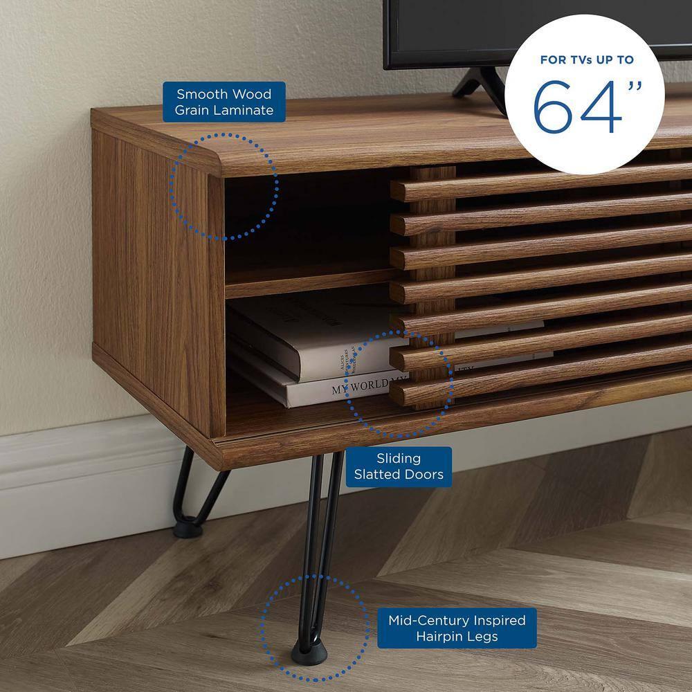 59" Render TV Stand for TVs up to 70" Walnut - Modway: Modern Media Console with Open Shelves & Metal Hardware