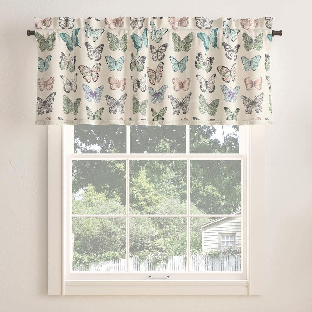 No. 918 Magdalena Butterfly Print Embroidered Trim Semi-Sheer Rod Pocket Curtain Valance, 54"x18", Blue