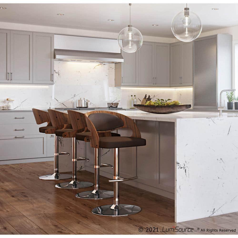 Walnut and Brown Adjustable Swivel Barstool with Leather Seat