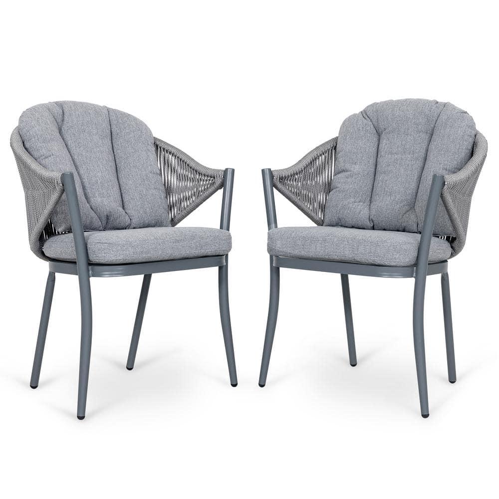 Nuu Garden Patio Dining Chairs Set of 2, Woven Rope Outdoor Dining Chairs, All-Weather Aluminum Arm Chairs with Cushions, No Assembly Light Grey