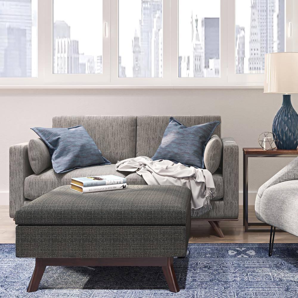 Simpli Home Owen 34"W Upholstered Coffee Table Storage Ottoman with Lift Top and Solid Wood Legs
