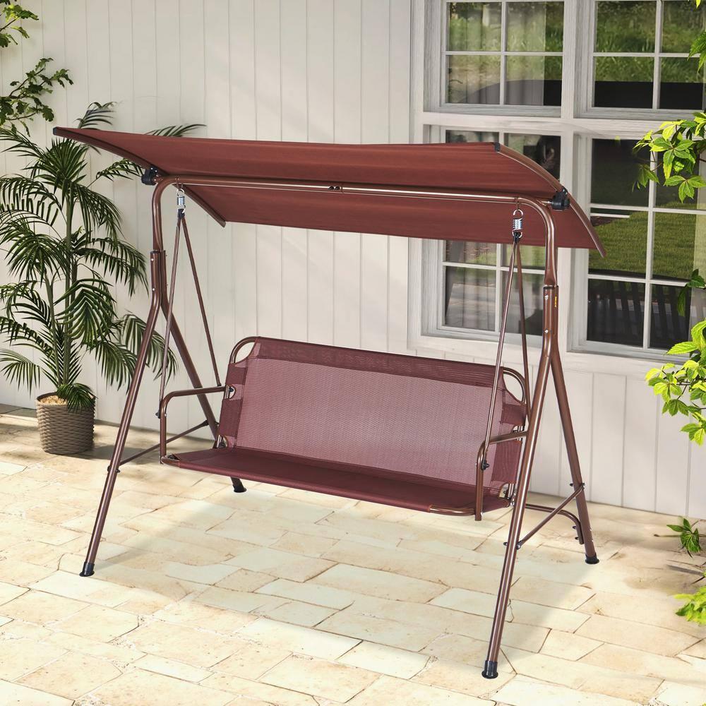 3-Person Patio Swing Chair Outdoor Patio Swing with Adjustable Canopy Porch Swing