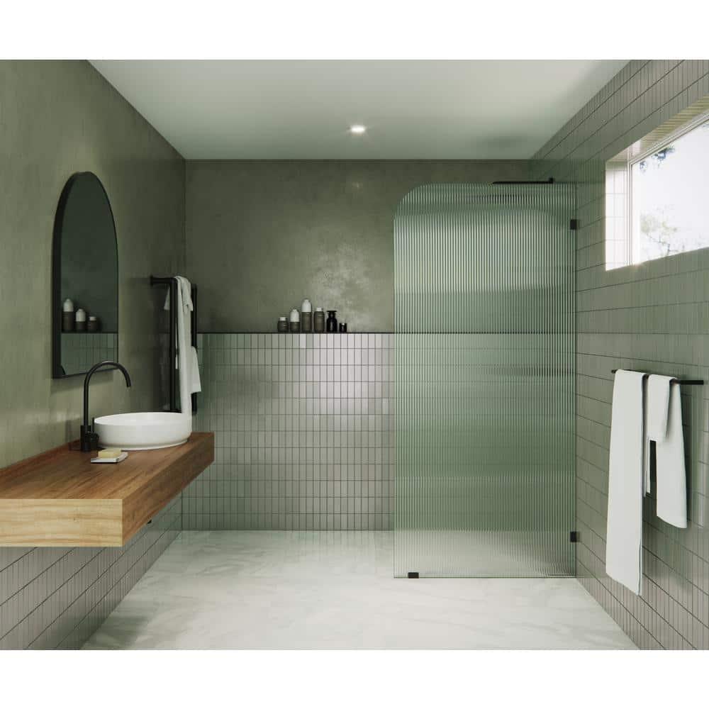 Glass Warehouse  36" x 78" Frameless Shower Door - Single Fixed Panel Fluted Frosted Radius Matte Black 36 Inch - Right Matte