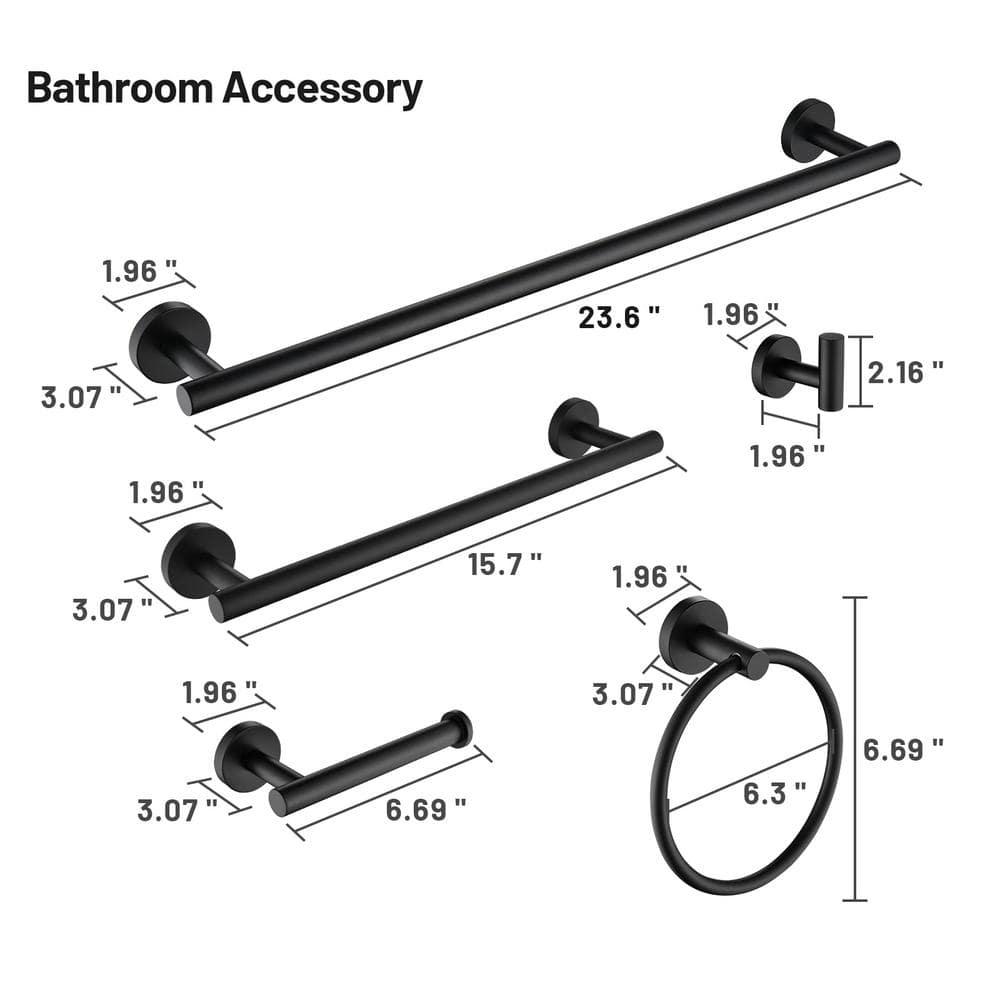 6 PCS Bathroom Hardware Set, Including 16" Hand Towel Bar, Toilet Paper Holder, Towel Ring, Robe Towel Hooks, Bathroom Accessories Kit(Matte Black)