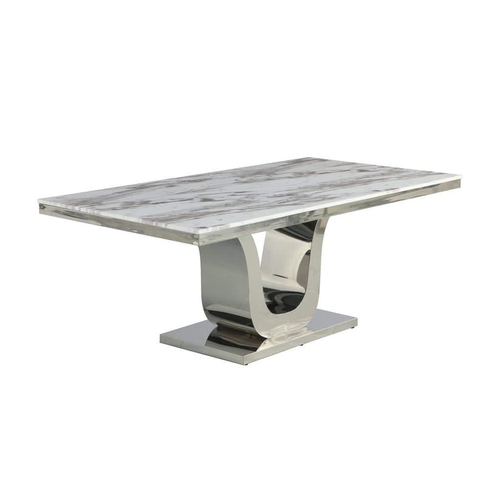 Silver Stainless Steel 9 Piece Dining Set with Marble Table and Black Chairs