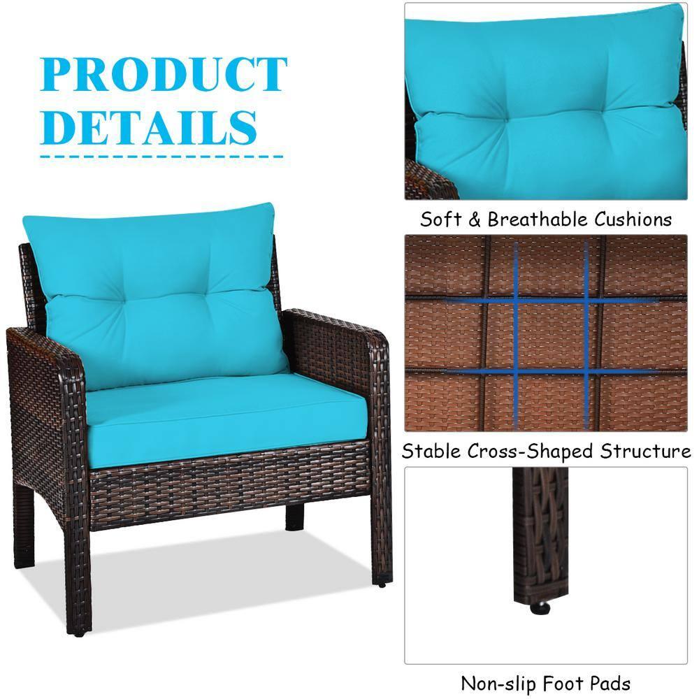 YYAo Garden Conversation Table Set, Conversation Loveseat Chairs Set, 3 Pcs Outdoor Patio Rattan Conversation Set with Seat Cushions-Turquoise