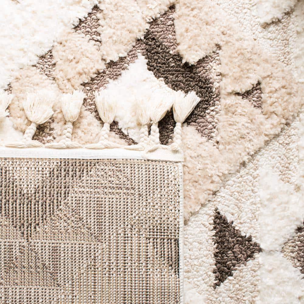 SAFAVIEH Moroccan Tassel Shag Larry Moroccan Geometric Area Rug, Ivory/Brown, 9' x 12'