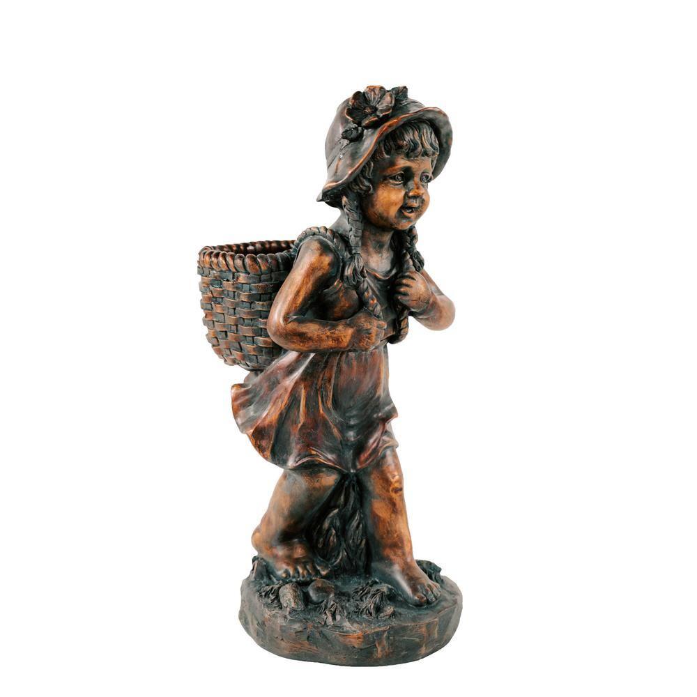 24in.H Faux Bronze Magnesium Oxide Walking Girl Garden Statue w/Small Flower PlantPot, Outdoor, Natural Design Sculpture