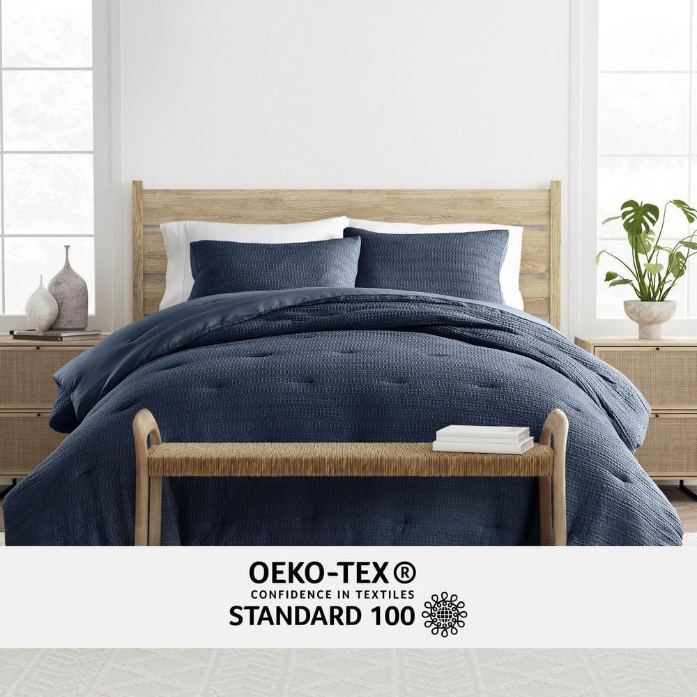 Noble Linens 3 Piece Navy Waffle Textured All Season Down-Alternative Comforter Set, Full/Queen