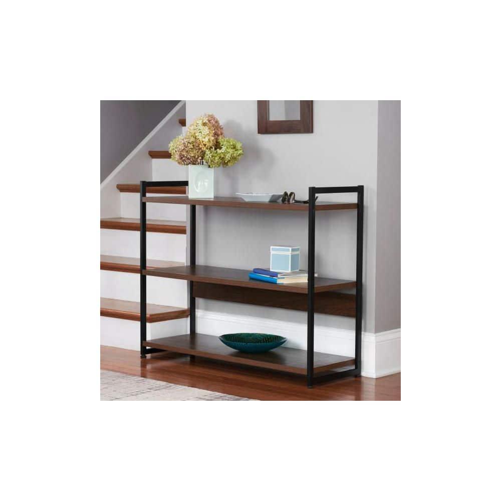 Household Essentials 32.5" Jamestown Wide 3 Shelf Bookshelf Walnut: Faux Wood, Iron Frame, Low Profile
