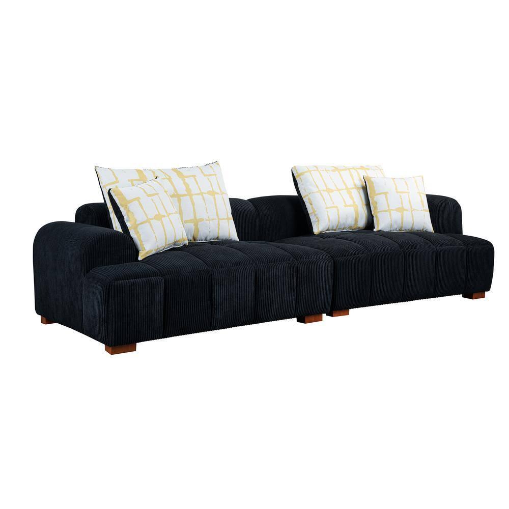 103.9" Modern Couch, Corduroy Fabric Comfy Deep Seat Sofa with Rubber Wood Legs, 4 Tossing Pillows for Living Room, Bedroom, Apartment, Dorm, Black