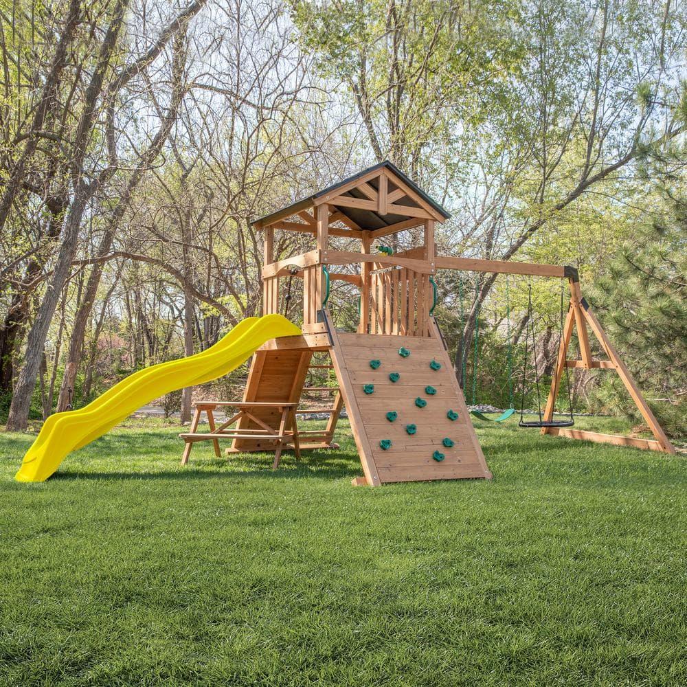 Backyard Discovery Endeavor II Cedar Wood Swing Set, Slide, Play Deck, Double Rock Wall