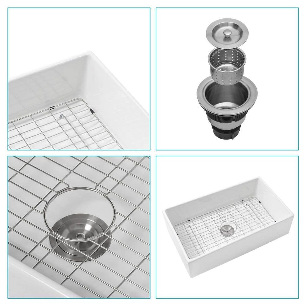 30 Inch Ceramic Kitchen Sink,Included Stainless Steel Dish Grid&Basket Strainer, Easy to Clean,Utility Sink for Workstation, Kitchen,White