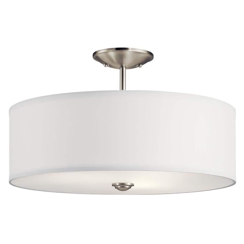 Shailene 18" 3 Light Round Semi Flush with Satin Etched White Diffuser and White Microfiber Shade in Brushed Nickel