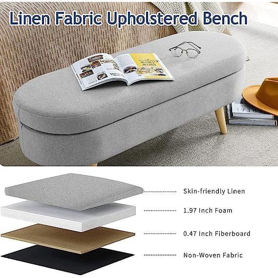 Sumdeal 43.5" Storage Ottoman Bench with 250lb Seating, Linen Upholstered Wood Legs Safety Hinge Flip Top Oval Foot Rest Long Stool for Sofa Couch Bedroom End of Bed Living Room Entryway, Grey