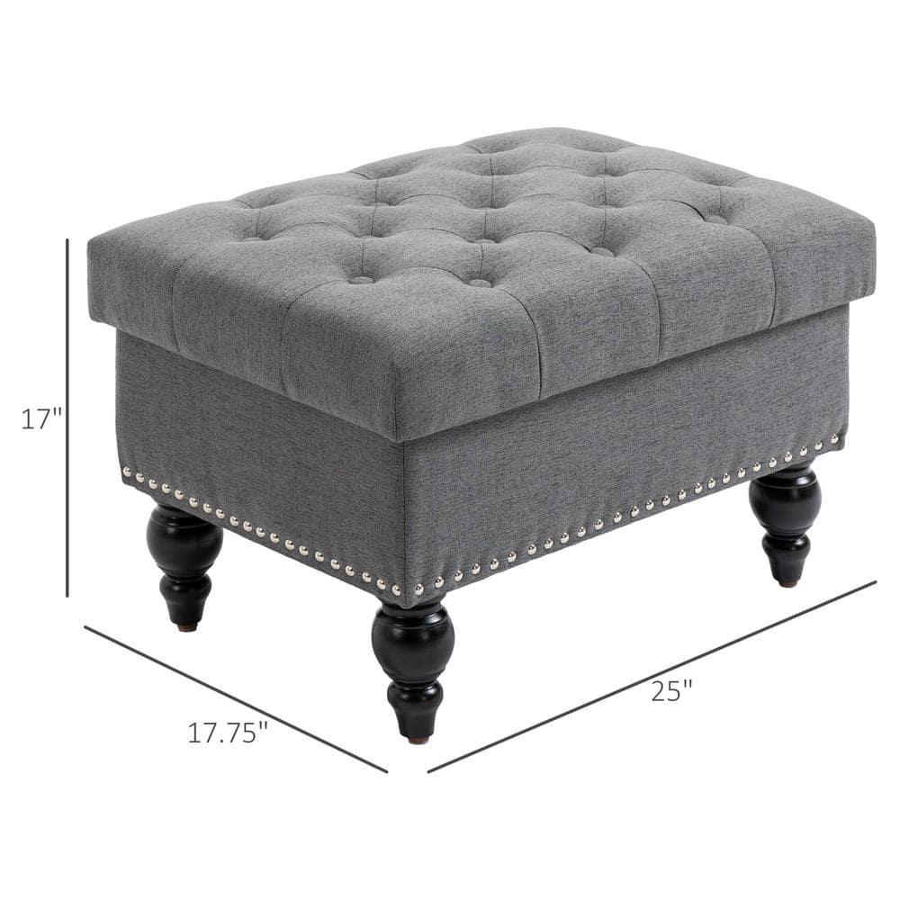 HOMCOM 25" Storage Ottoman with Removable Lid, Button-Tufted Fabric Bench for Footrest and Seat with Wood Legs, Grey