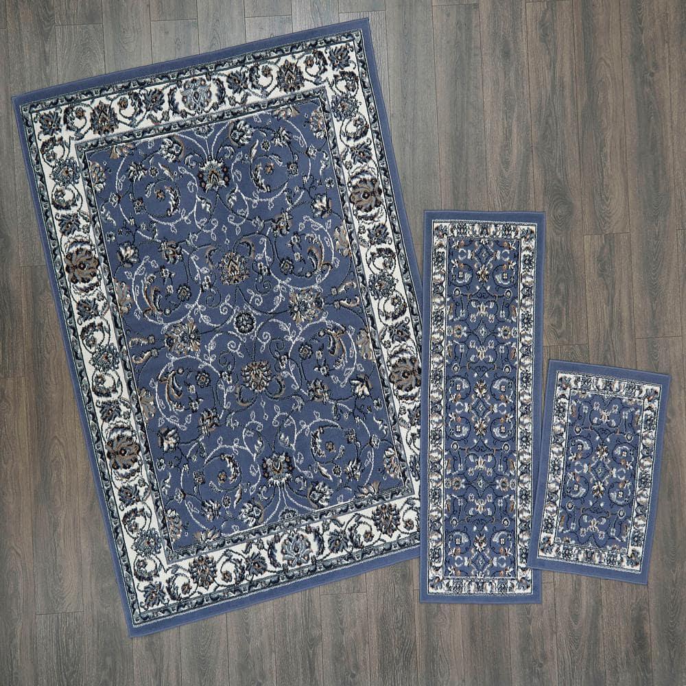 Home Dynamix Ariana Badah Damask Border Area Rug, Blue/Ivory, 3-Piece Set