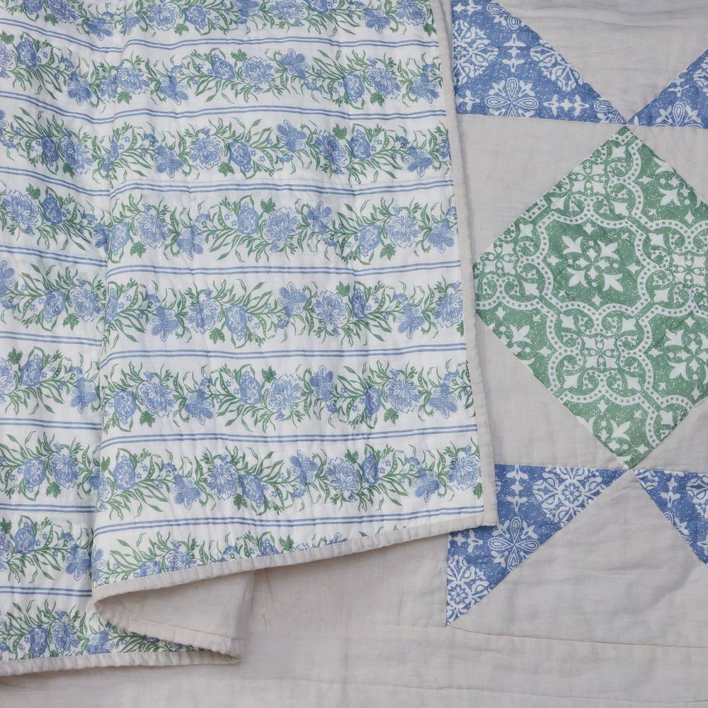VHC Brands Jolie Blue and Green Patchwork Cotton Quilt, Twin - Reversible