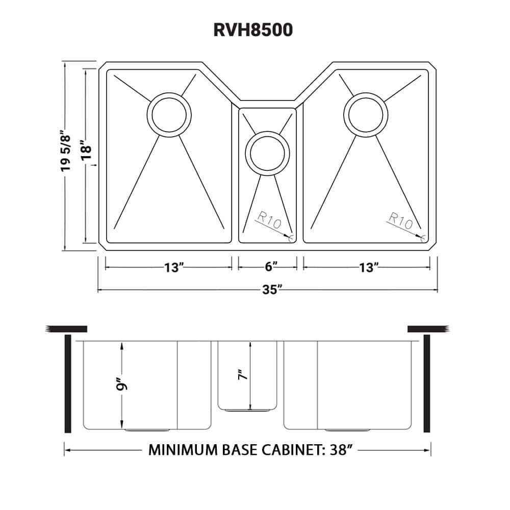 Ruvati 35" Triple Bowl Undermount 16 Gauge Stainless Steel Kitchen Sink