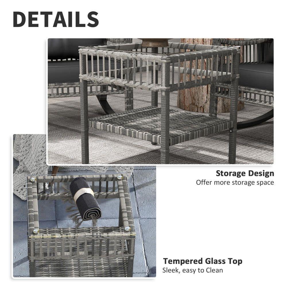 Outsunny Wicker Outdoor Rocking Chair Set, 3 Piece Patio Furniture Set with Padded Cushions and Storage Table, 2-Seater Rattan Bistro Set, Gray