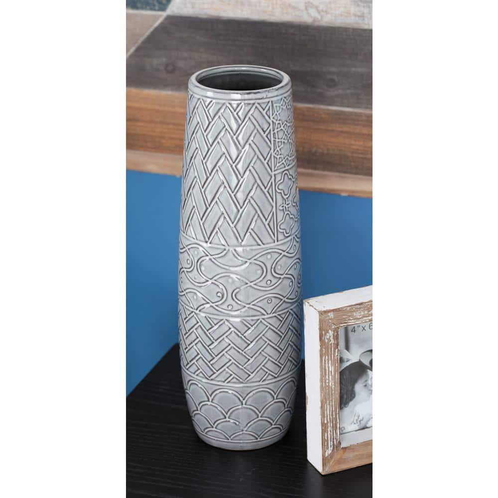 Ceramic Slim Engraved Patterned Decorative Gray Vase