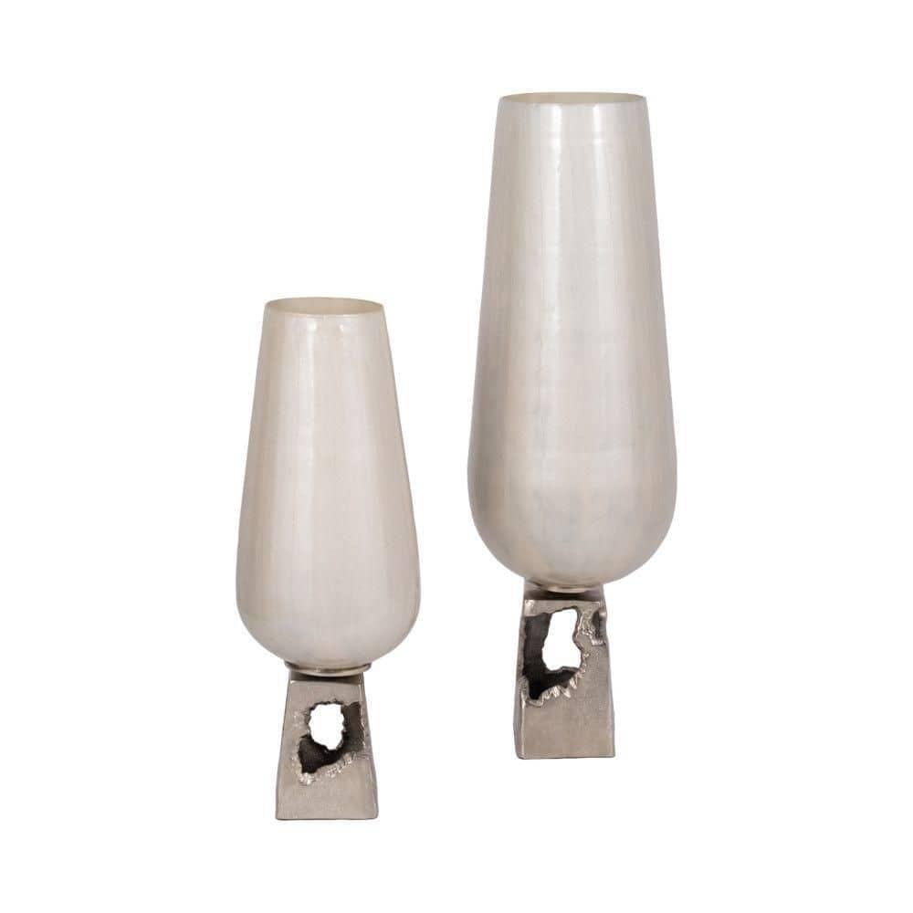 Glass, 19"h Vase with  Metal Base, Pearl White