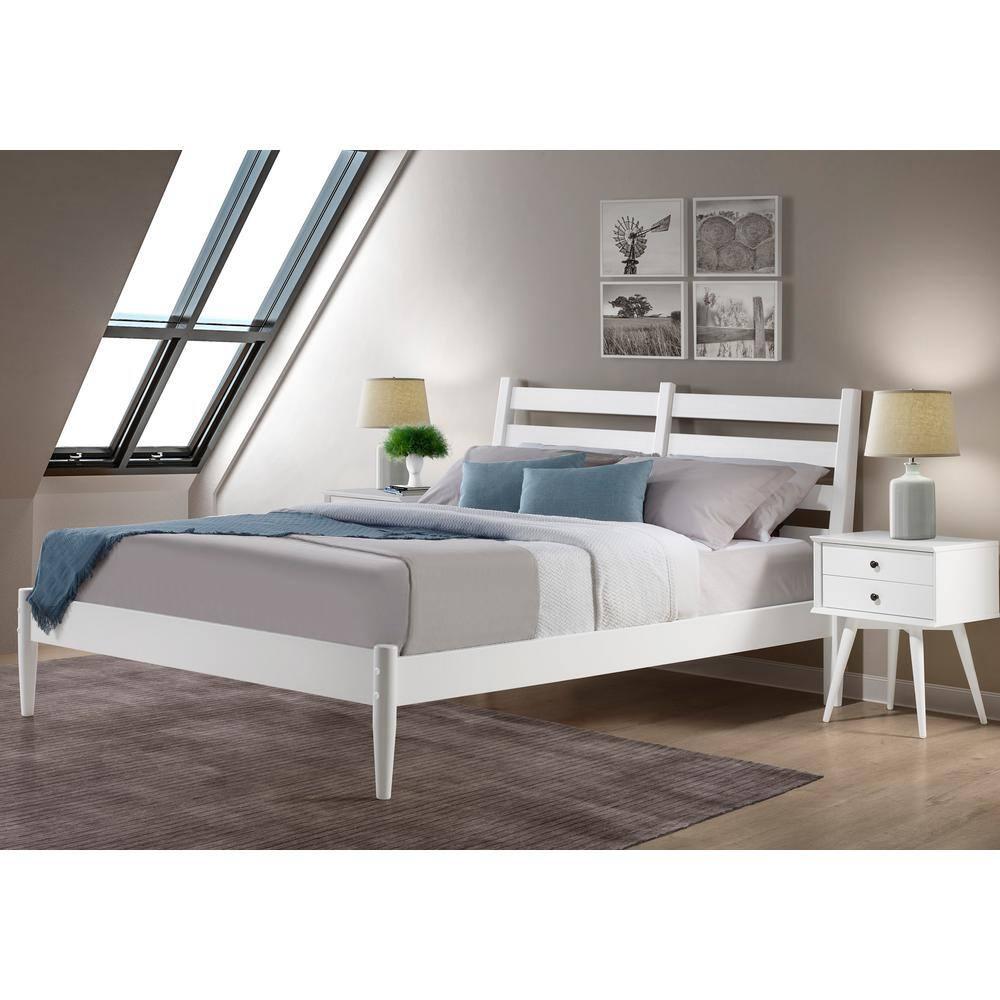 Camaflexi Mid Century Slat Bed Solid Wood Bed Frame with Headboard, King, White
