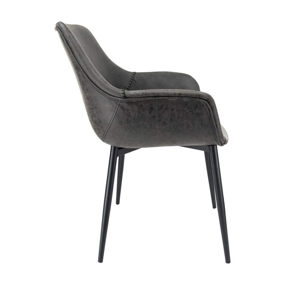 LeisureMod Markley Leather Dining Arm Chair With Metal Legs Set of 2 in Charcoal Black