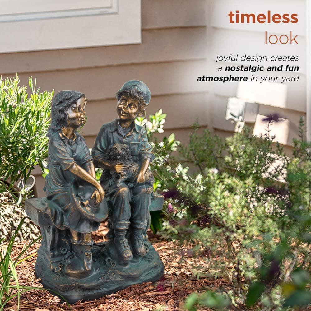 Alpine Corporation 16" Polyresin Girl and Boy with Dog Sitting on Bench Sculpture Bronze: Durable Outdoor Decor, Magnesium Oxide, Rust-Resistant