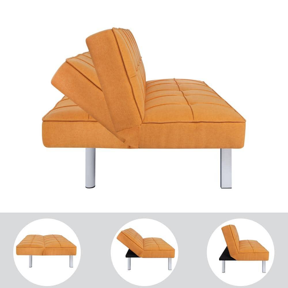 Modern Futon Sofa Bed - Compact Design for Small Spaces - Convertible Futon with Linen Fabric for Premium Comfort - Ideal Guest Couch - Stylish & Durable, Supports up to 750 lbs. - Tangerine