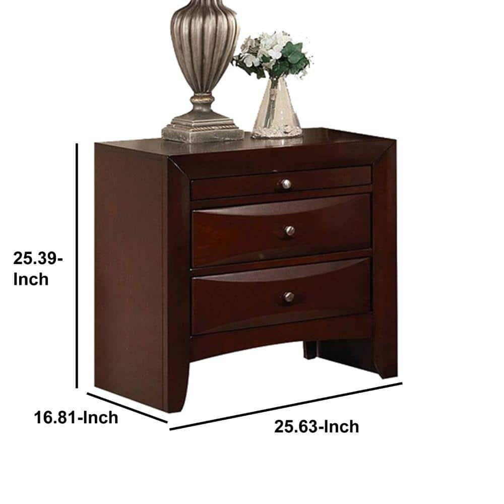 Contemporary Style Wooden Nightstand with Three Drawers & Metal Knobs, Brown - 25.39 x 16.81 x 25.63 in.