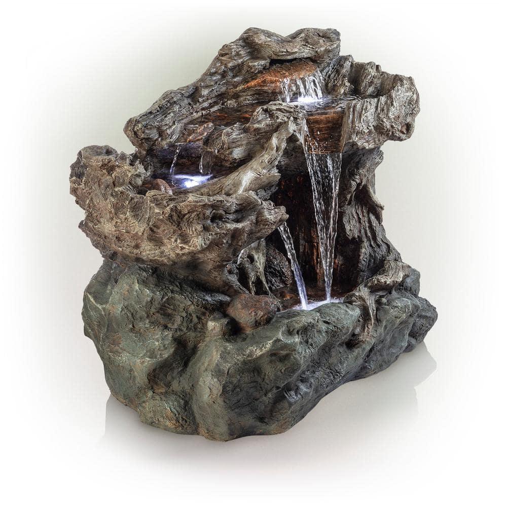 Alpine Corporation 40" x 23" x 30" Outdoor Polystone Light-Up Rainforest Plug-In Fountain, Brown