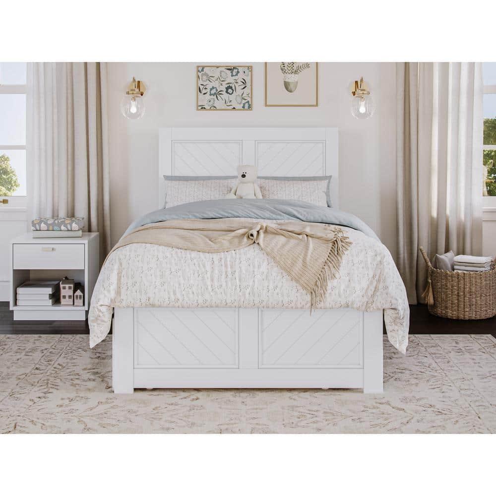 HAOYUN Canyon Twin XL Farmhouse Solid Wood Platform Bed with Footboard & Twin XL Trundle, White