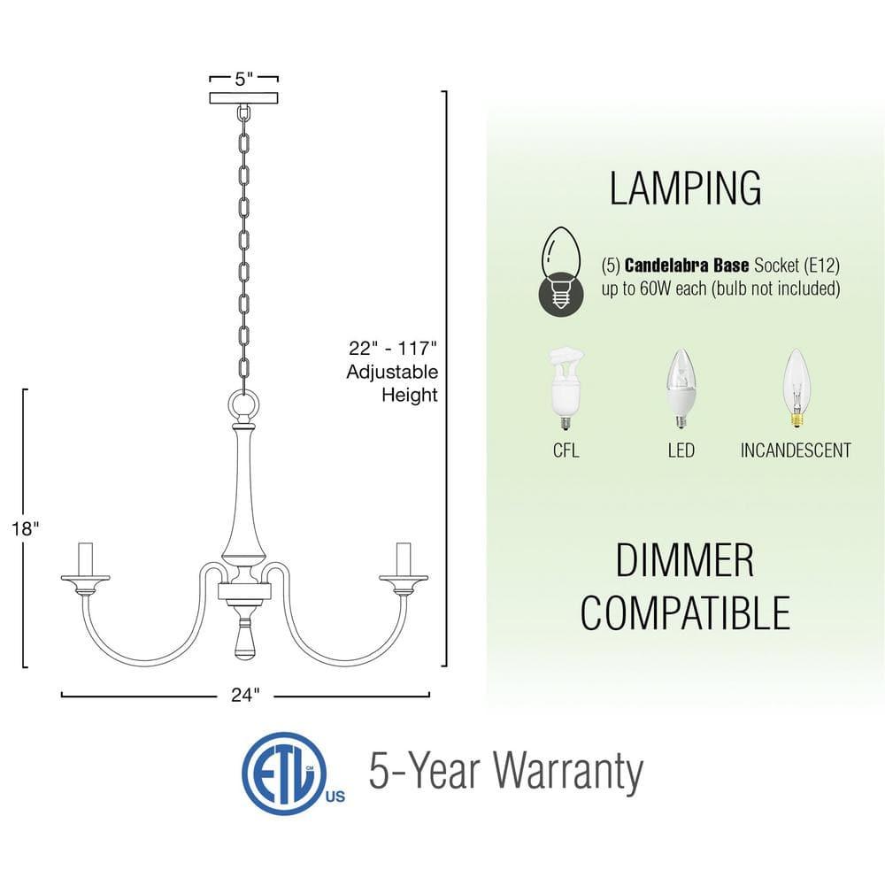 Kira Home Sherbrooke 24" 5-Light French Country Chandelier, Adjustable Height, Smoked Cedar Finish